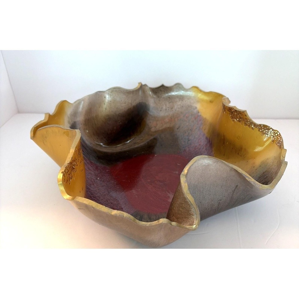 Large Resin Bowl Ruffled Edge Gold Amber Red Vintage Art Decorative Murano Style